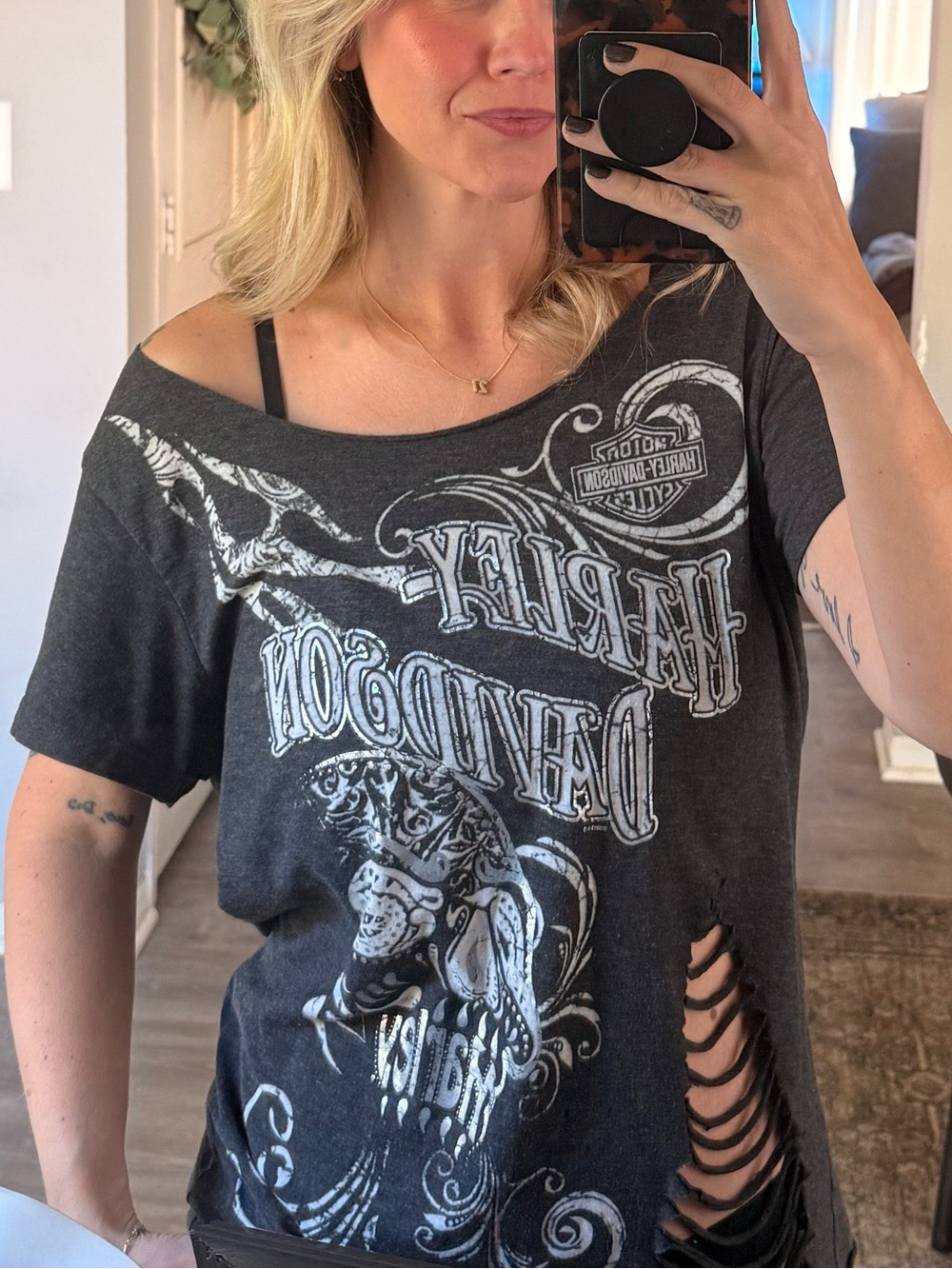 Harley-Davidson Black Distressed Off-Shoulder Graphic Tee